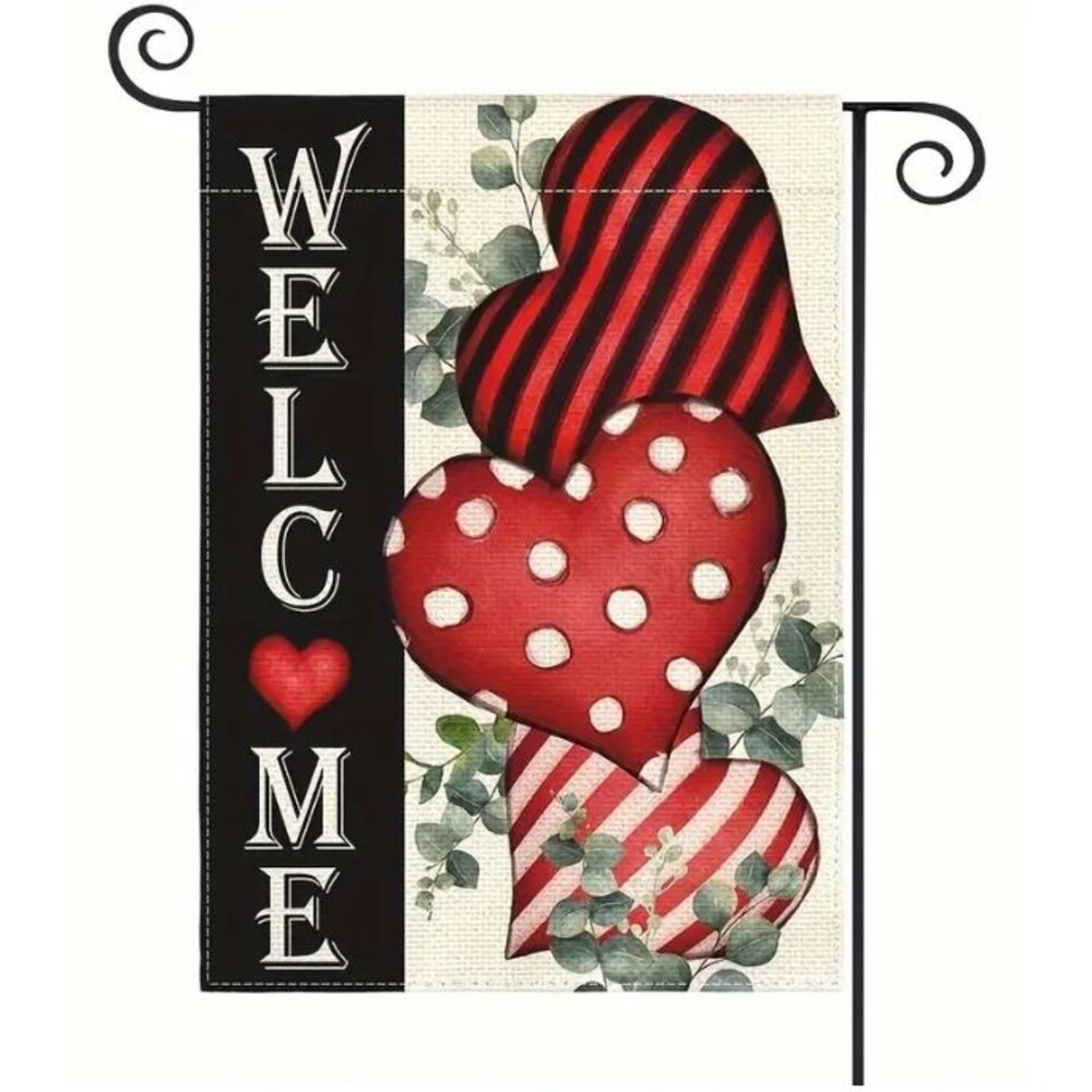 Garden Flag Welcome with Hearts 12x18in double sided Burlap